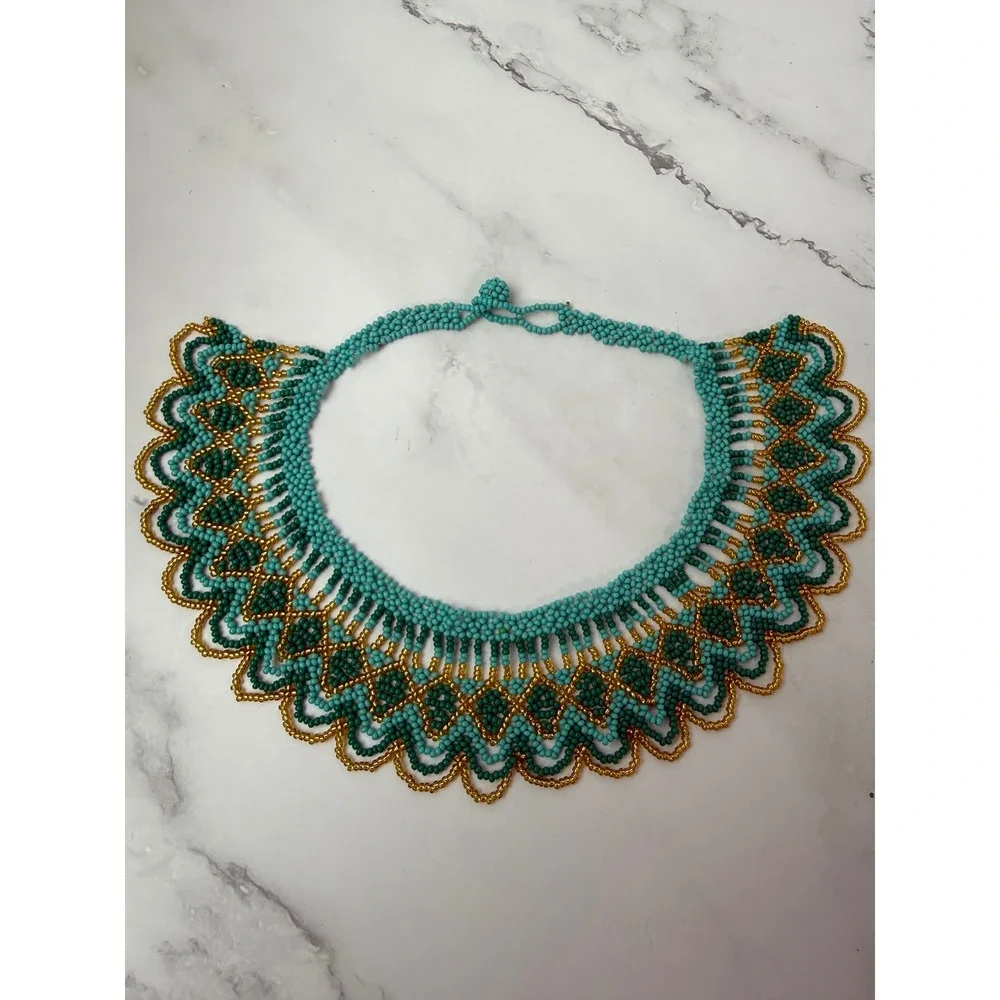 Handmade Artesanal Colorful Beaded Necklace Teal Festival Boho